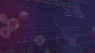 Animation of trading board, programming language, graphs over floating corona infected cells. Digitally generated, hologram, stock market, investment, report, covid-19 and healthcare concept.