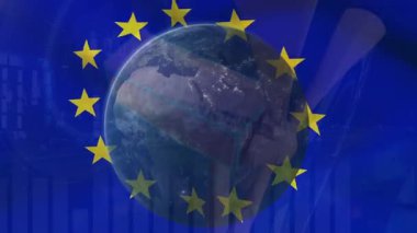 Bayrağın üzerindeki dünyanın animasyonu. Dijital olarak oluşturulmuş küresel mali ve veri işleme kavramı.