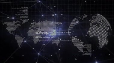 Karanlık arka planda veri işleme ve dünya haritasının animasyonu. Küresel bilim, bağlantılar, veri işleme ve dijital arayüz kavramı dijital olarak oluşturulmuş video.