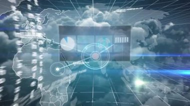 Veri işleme üzerinden küresel ve bağlantı ağının animasyonu. Küresel iletişim işi güvenlik dijital arayüzü ve dijital olarak oluşturulmuş video konsepti.