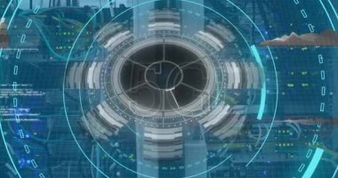 Sunucu odasında 5G metin ve veri işleme ile tarama alanının animasyonu. Küresel teknoloji, bilgisayar ve dijital arayüz kavramı dijital olarak oluşturulmuş video.
