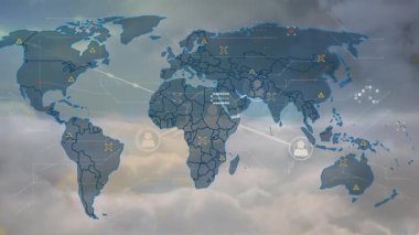 Bulutların üzerinde veri işleme animasyonu. küresel iş ve dijital arayüz kavramı dijital olarak oluşturulmuş video.