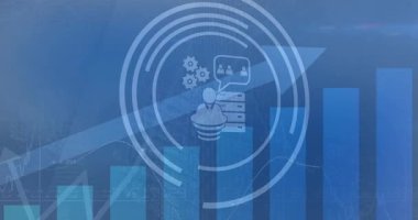 Dijital simgelerin animasyonu ve şehir manzarasının havadan görüntüsüne karşı istatistiksel veri işleme. Bilgisayar arayüzü ve iş veri teknolojisi kavramı