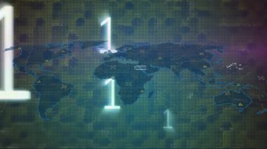 Dünya haritası üzerinde veri işleme animasyonu. küresel iş ve dijital arayüz kavramı dijital olarak oluşturulmuş video.