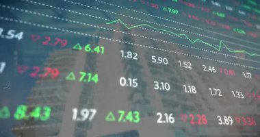 Animation of stock market data processing against tall buildings. Global economy and business technology concept