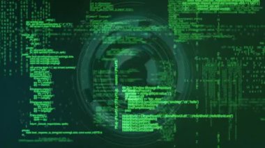 Dairesel dijital arayüz üzerinden yeşil bilgisayar kodu ve veri işleme animasyonu. Teknoloji, kodlama, programlama, siber, ağ