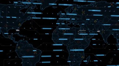 Kara arkaplan üzerinde dünya haritasıyla veri işleme animasyonu. küresel iş ve dijital arayüz kavramı dijital olarak oluşturulmuş video.
