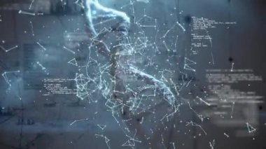 Donanma arkaplanındaki DNA zincirindeki çeşitli veri ve bağlantıların animasyonu. Bilim, insan biyolojisi, teknoloji ve dijital arayüz konsepti dijital olarak oluşturulmuş video.