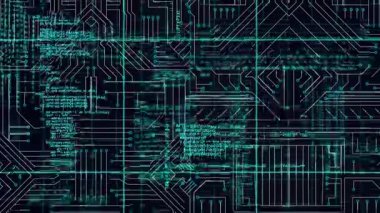 Animation of data processing over computer circuit board on black background. Global technology, computing and digital interface concept digitally generated video.