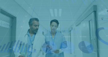 Animation of data processing over doctors. global medicine, healthcare and data processing concept digitally generated video.