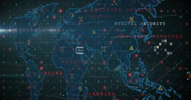 Dünya haritası üzerinde veri işleme animasyonu. küresel iş ve dijital arayüz kavramı dijital olarak oluşturulmuş video.