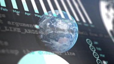 Veri işleme animasyonunun siyah arka planda dünya üzerinde gerçekleşmesi. küresel iş, finans ve dijital arayüz kavramı dijital olarak oluşturulmuş video.
