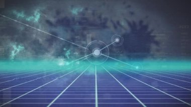 Arkadaki boşluğa karşı mavi renkli şebeke üzerindeki çizgilerle bağlantılı noktaların animasyonu. Dijital olarak üretilen, hologram, aydınlatma, ışık, galaksi, iletişim ve teknoloji kavramı.