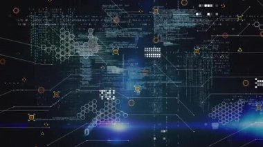 Siyah arkaplan üzerinde veri işleme animasyonu. Dijital olarak oluşturulmuş küresel bağlantılar, hesaplama ve veri işleme kavramı.