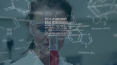Animation of molecules and data processing over caucasian scientist in lab. global science, computing and digital interface concept digitally generated video.