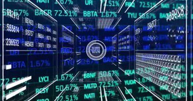 Siyah arkaplan üzerinde veri işleme animasyonu. küresel iş ve dijital arayüz kavramı dijital olarak oluşturulmuş video.