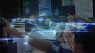 Dalgaların ve ışıkların farklı erkek ve kızların Handa 'yı okulda büyütmesini canlandırması. okul, öğrenim ve eğitim konsepti dijital olarak oluşturulmuş video.