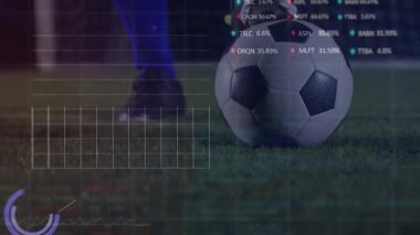 Kafkasyalı oyuncunun futbol topuyla hokkabazlık yapması üzerine grafiklerin ve borsa verilerinin animasyonu. Dijital bileşim, iş dünyası, rapor, ilerleme, yatırım, spor, futbol, zemin ve rekabet.