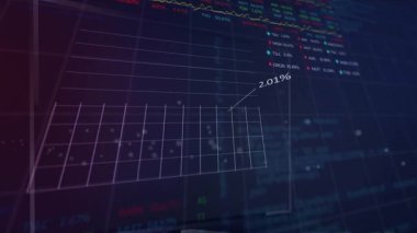 Animation of financial data processing over wind turbines. Global environment, sustainability, business, finance, computing and data processing concept digitally generated video.