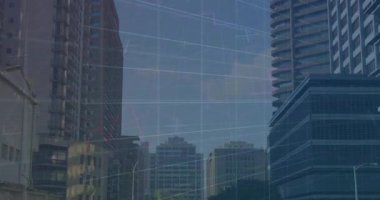 Animation of financial data processing and cityscape. Global business, finance, computing, digital interface and data processing concept digitally generated video.