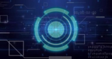 Izgarada dairesel GUI görünüyor, dönen kavisler, kod akışı, güncellenen zamanlayıcı, geri sayım. Gelecek, teknoloji, dijital, arayüz, neon, yenilik, veri