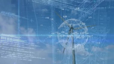Rüzgar türbini ve dünya üzerinde finansal veri işleme animasyonu. Küresel rüzgar enerjisi, çevre, iş dünyası, finans, hesaplama ve veri işleme kavramı dijital olarak oluşturulmuş video.