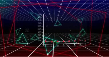 Siyah arkaplanda ızgara ağı üzerinden istatistiksel veri işleme ve pleksus ağlarının animasyonu. Bilgisayar arayüzü ve iş veri teknolojisi kavramı