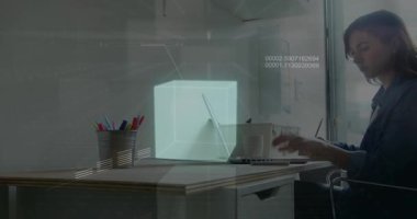 Animation of 3d cube, graph and binary codes over caucasian woman picking up cellphone. Digital composite, multiple exposure, report, business, computer language and technology concept.