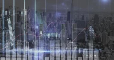 Yüksek binaların havadan görüntüsü üzerinden istatistiksel veri işleme animasyonu. İş veri teknolojisi kavramı