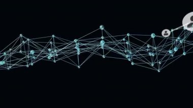 Soluk mavi ağ kayması, profil çemberleri sağdan giriyor, boyutlandırıyor, birleştiriyor, ağ oluşturuyor. Teknoloji, bağlantı, dijital, soyutlama, yenilik, veri, iletişim