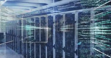 Animation of computer data processing over computer servers. Global computing and data processing concept digitally generated video.