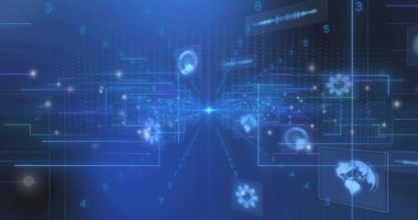 Çekim merkezi parlaklık noktası dijital koridor ve dünya vites panellerinde veri hatlarını birleştiriyor. Siber, ağ, arayüz, geleceksel, ışıltı, derinlik, akarsular