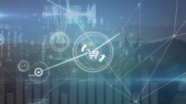 Animation of network of connections over cityscape and data processing. Global business and digital interface concept digitally generated video.