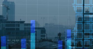 Izgara göründükten sonra çubuklar yükselen değişken harita belirir ve gerçek zamanlı olarak veri eğilimlerini takip eden çizgiler oluşur. Veri görselleştirme, finansal analiz, kentsel manzara, iş torpidosu, dijital arayüz