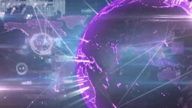 Dönen dünya ve dünya haritasına karşı bağlantılar ve veri işleme ağının animasyonu. Küresel ağ ve iş teknolojisi kavramı
