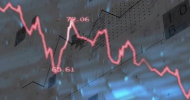 Veri akışı geldiğinde, kırmızı çizgi mavi akıntılarla titreşiyor, uçuculuğu temsil ediyor. Analizler, veri görselleştirme, dijital, teknoloji, finans, büyütülmüş, dinamik