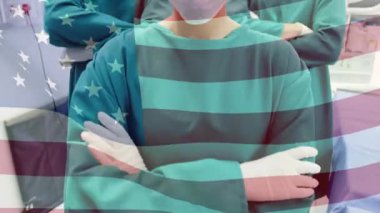 Animation of flag of greece waving over surgeons in operating theatre. Global medicine healthcare services during covid pandemic concept digitally generated video.