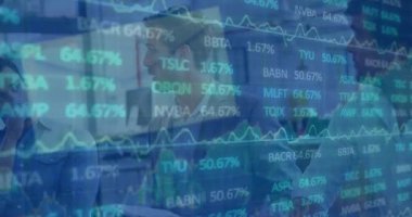 Animation of financial data processing and statistics over business people. Global business, finance, data processing and connections concept digitally generated video.