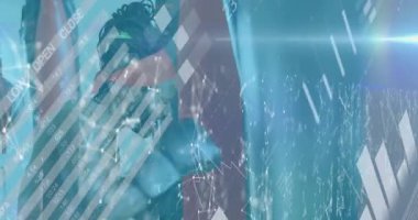 Afrika kökenli Amerikalı erkek boksör üzerinde bağlantı ve istatistiksel veri işleme ağı. Küresel ağ ve spor teknolojisi kavramı