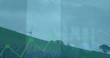 Finansal verilerin ve rüzgar türbinleriyle ilgili grafiklerin canlandırılması. Çevre gücü, yeşil enerji, finans ve ekonomi kavramı dijital olarak oluşturulmuş video.