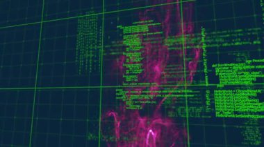 Siyah zemin üzerinde veri işleme üzerinde ışık izi olan şekillerin animasyonu. Teknoloji, hesaplama, şekiller ve dijital arayüz konsepti dijital olarak oluşturuldu.