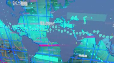 Dijital simgeler ve veri işleme ile dünyanın animasyonu. Küresel iletişim işi güvenlik dijital arayüzü ve dijital olarak oluşturulmuş video konsepti.