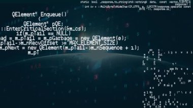 Mavi arka planda dünya ile veri işleme animasyonu. küresel hesaplama ve veri işleme kavramı dijital olarak oluşturulmuş video.