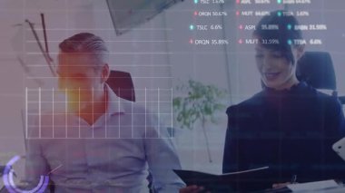 Animation of stock market data processing over diverse businesspeople discussing together at office. Global economy and business technology concept