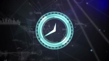 Siyah arkaplandaki bağlantı ağı ve veri işleme ağı üzerinden neon saatin animasyonu. Bilgisayar arayüzü ve iş ağı teknolojisi kavramı