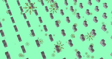 Yeşil arkaplana düşen kar taneleri üzerinde pürüzsüz desenli 3D şekillerin animasyonu. Noel şenliği ve kutlama konsepti