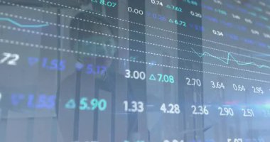 Animation of financial data processing over businesswoman. Global business, finances, computing and data processing concept digitally generated video.