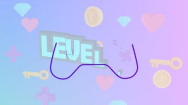 Oyun simgelerinin metin ve oyun alanının üzerinde canlandırılması. Soyut arkaplan, şablon ve dijital arayüz kavramı dijital olarak oluşturuldu.