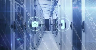 Dijital simgelerin animasyonu, veri işleme ve sunucu odasına karşı ikili kodlama. Bilgisayar arayüzü ve iş veri depolama teknolojisi kavramı