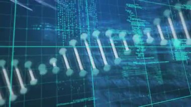 Arka planda DNA yapısı ve bilgisayar kodlama şablonu animasyonu. Veri, ağ, kodlama, bilim, bağlantı, bilgisayar.